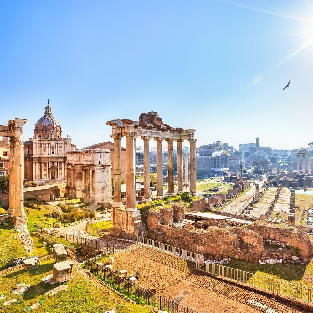 Daytime view of the Roman Forum ruins included in a Colosseum Underground Roman Forum Palatine Hill tour